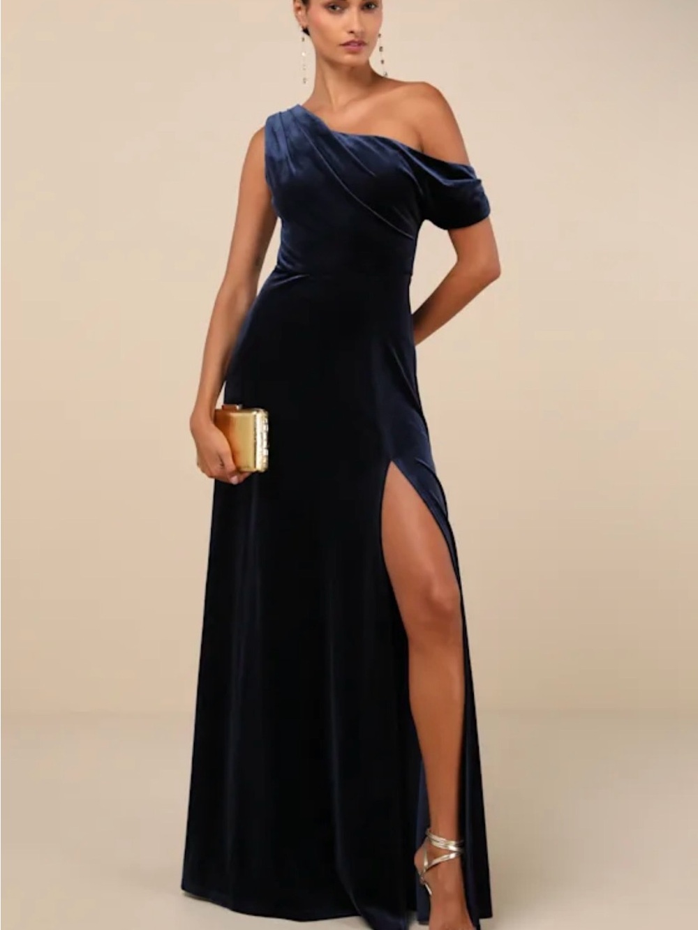 Coveted Confidence Navy Blue Velvet Asymmetrical Maxi Dress